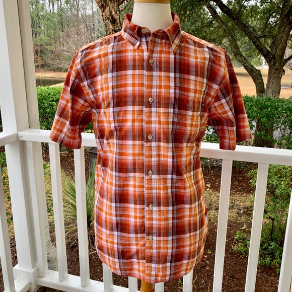 EUC Marmot Orange Plaid Short Sleeve Button Down Shirt - Picture 2 of 9